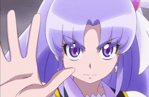 a girl with purple hair and purple eyes is making a stop sign