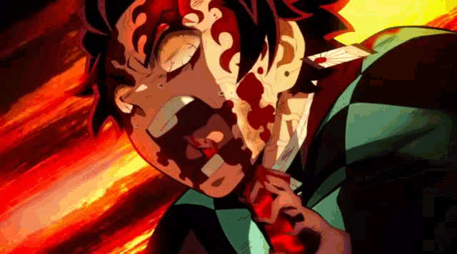 a close up of a demon slayer character with blood on his face and chest .