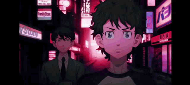 a boy with green hair stands in front of a family store sign