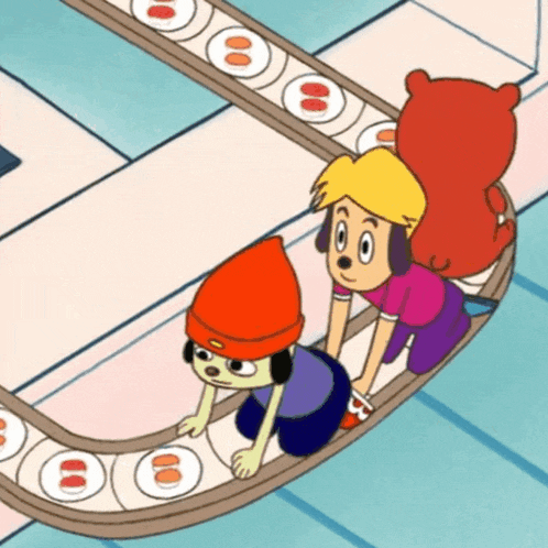 a couple of cartoon characters are riding a conveyor belt