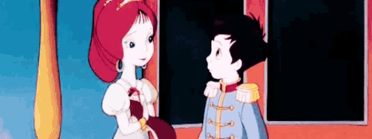 a boy and a girl are standing next to each other and looking at each other in a cartoon .
