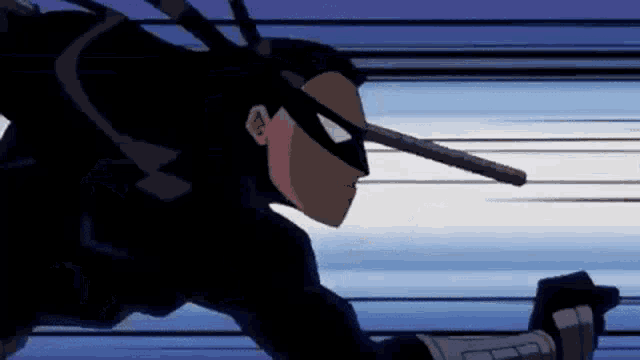 a cartoon character is flying through the air with a stick in his hand .