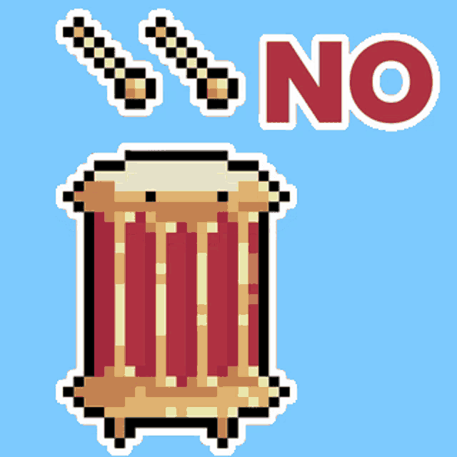 a pixel art drawing of a drum and the word no in red