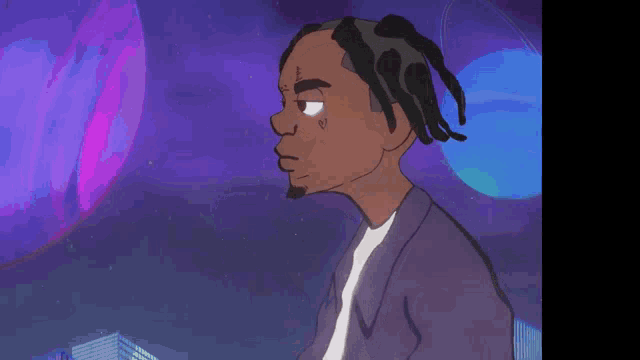 a cartoon drawing of a man with a tattoo on his face