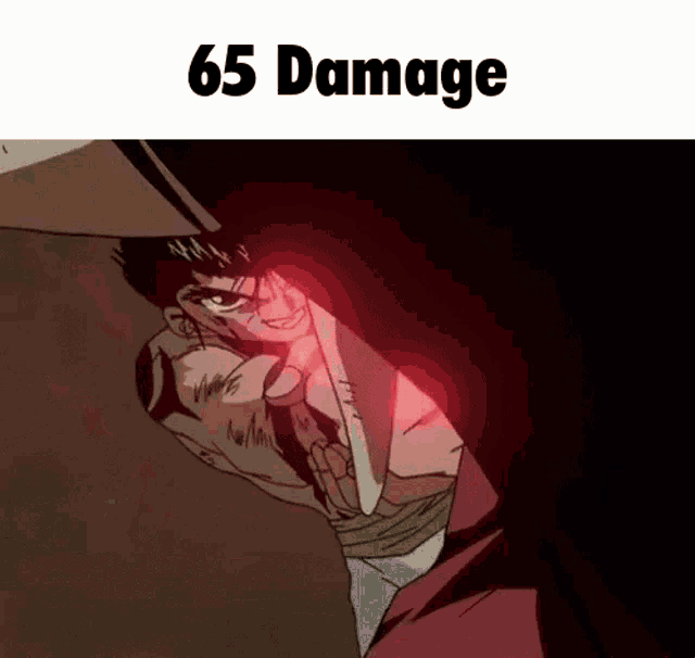 a cartoon of a man with 65 damage on the bottom
