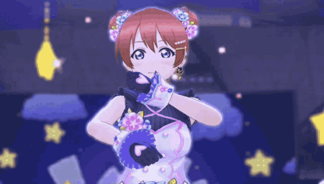 a girl with flowers in her hair and gloves on