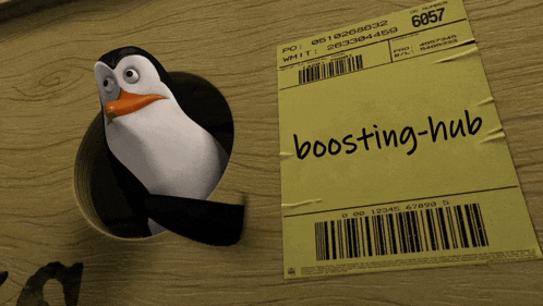 a penguin is sticking its head out of a hole next to a boosting-hub label