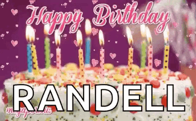 a happy birthday card for randell with a cake and candles .