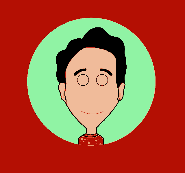 a cartoon drawing of a man 's face in a green circle with a red background