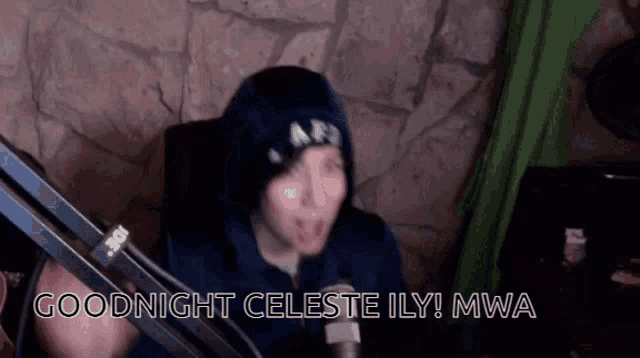 a man in a hoodie is sitting in front of a microphone and says goodnight celeste ily mwa