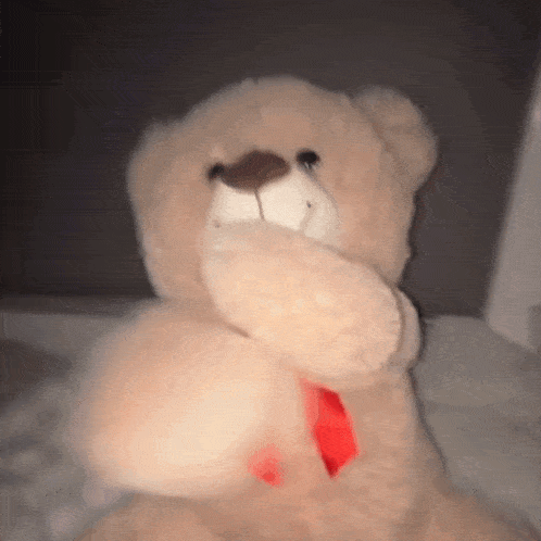 a teddy bear with a red ribbon around its neck is hugging itself .