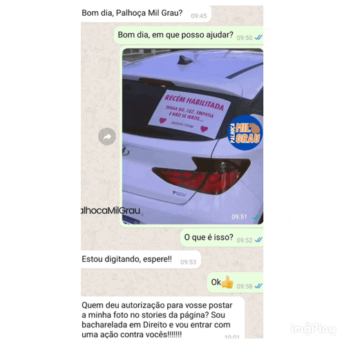 a screenshot of a text message with a picture of a car with a sign on it that says recem habilitada