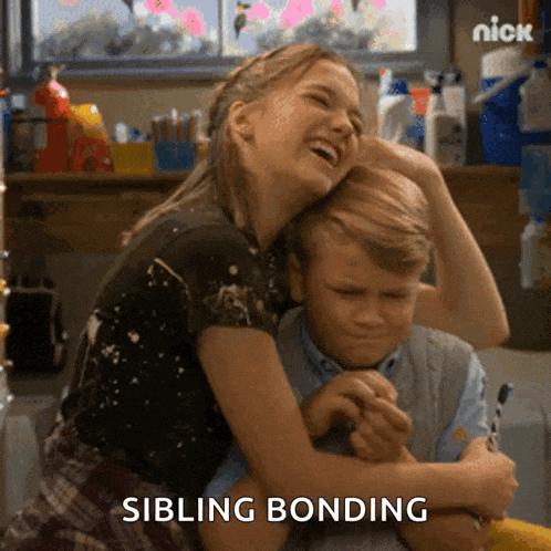 a girl is hugging a boy with the word sibling bonding written on the bottom