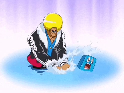 a cartoon character is kneeling down next to a blue block with a face on it that says 00