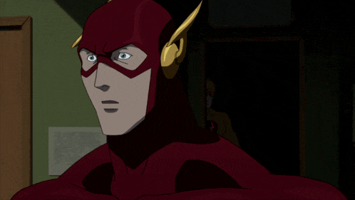 a man in a red and gold superhero costume stands next to another man in a yellow superhero costume