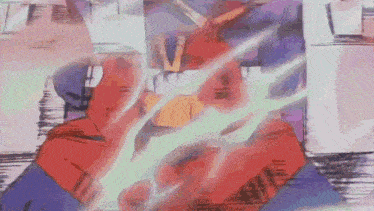 a man in a red jacket is surrounded by a green light