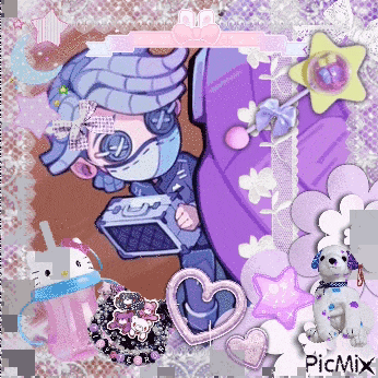 a picture of a girl wearing a mask is surrounded by pink and purple objects