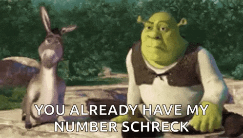 shrek is sitting next to a donkey and says `` you already have my number schreck ''