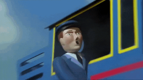 a cartoon character looks out of a blue train window