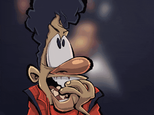 a cartoon drawing of a man with big teeth and a red jacket