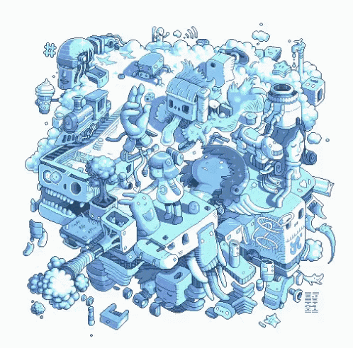 a blue and white drawing of a cartoon scene with the word bubbles on the bottom left