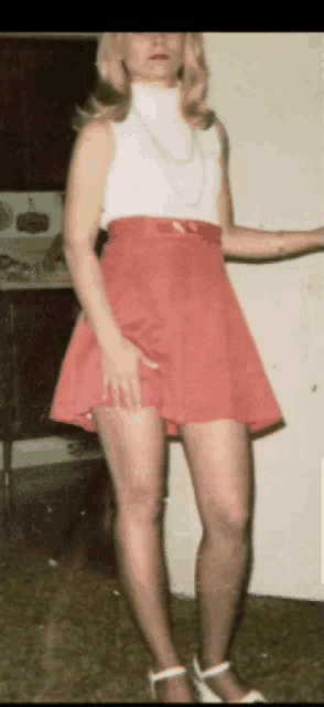 a woman in a white top and red skirt is standing in a kitchen