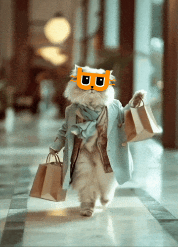 a cat wearing a mask carrying shopping bags in a hallway