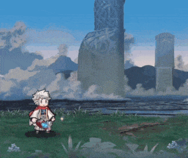 a cartoon character is standing in a field with a large stone in the background