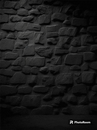 a photo of a black brick wall with the photoroom logo on the bottom right