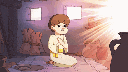 a cartoon of a boy kneeling in front of a window with the sun shining through it