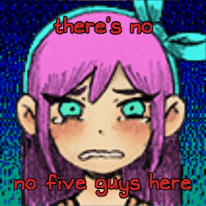 a girl with pink hair and blue eyes is crying with the words there 's no no five guys here .