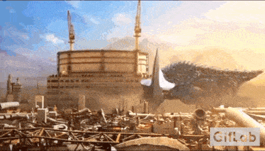 a monster is flying over a destroyed building with a giflab logo in the foreground
