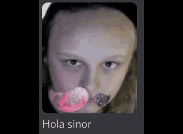 a picture of a girl blowing a pink bubble with the words hola sinor below it