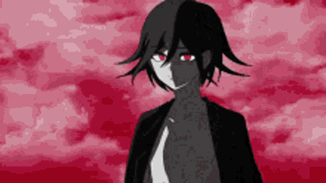 a black and white anime character with red eyes and a red background