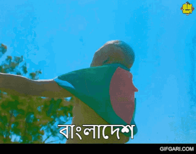 a person holding a flag with the word bangladesh written on it