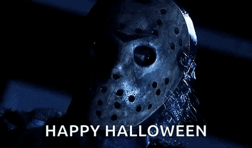 jason voorhees from friday the 13th is wearing a hockey mask and wishing everyone a happy halloween .