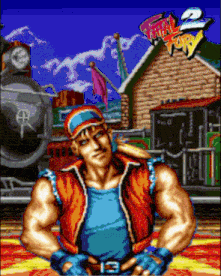 a pixel art drawing of a man in front of a sign that says fatal fury