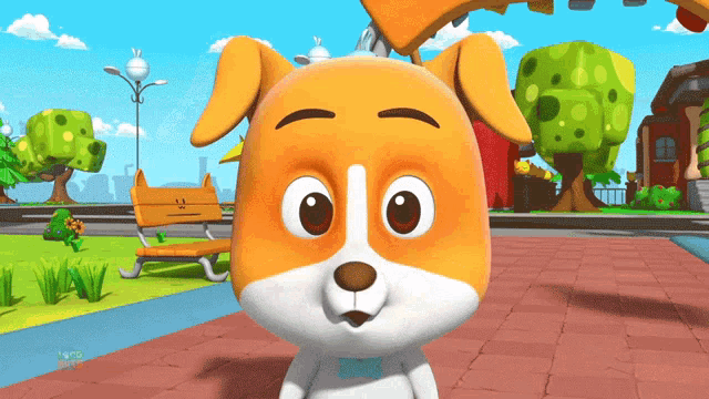 a cartoon dog with a bow tie is standing on a brick sidewalk