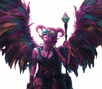 a painting of a woman with wings and horns holding a wand