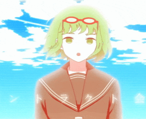 a girl with green hair and red glasses is wearing a school uniform
