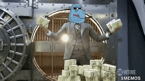 a man in a suit is holding stacks of money in front of a vault door that says showtime $ memos on it