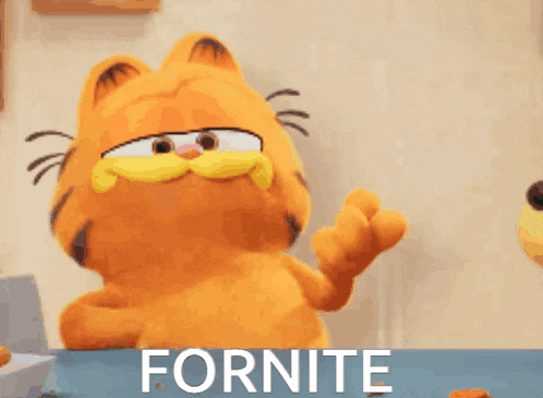 a cartoon cat is sitting at a table with the word fornite written on the bottom