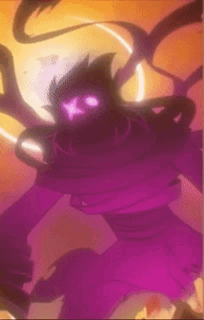 a purple monster with glowing eyes is standing in front of an orange background