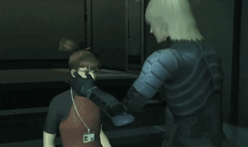 a woman with a name tag on her neck is being held by a soldier