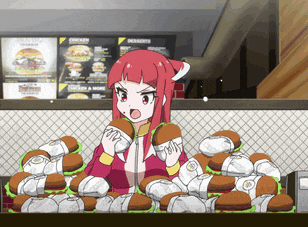 a girl with red hair is holding a hamburger in front of a menu for chicken