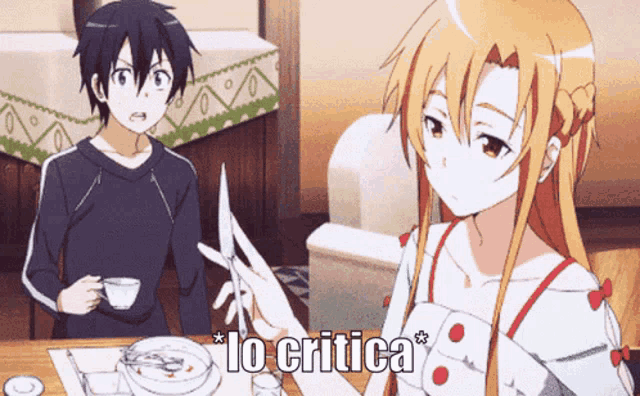 a man and a woman are sitting at a table with a caption that says io crítica