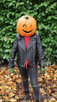 a person with a pumpkin head is wearing a black leather jacket