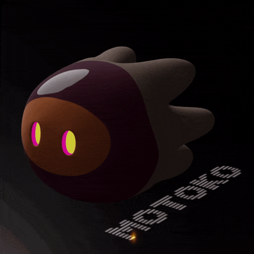 a 3d rendering of a cartoon character with a purple head and yellow eyes
