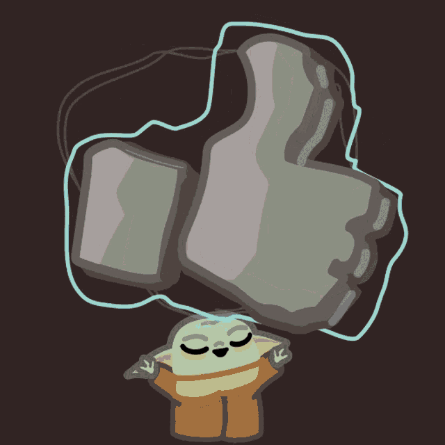 a cartoon drawing of a baby yoda with a thumbs up symbol above his head