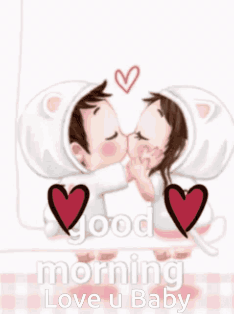 a cartoon of a man and woman kissing with the words good morning love u baby below them